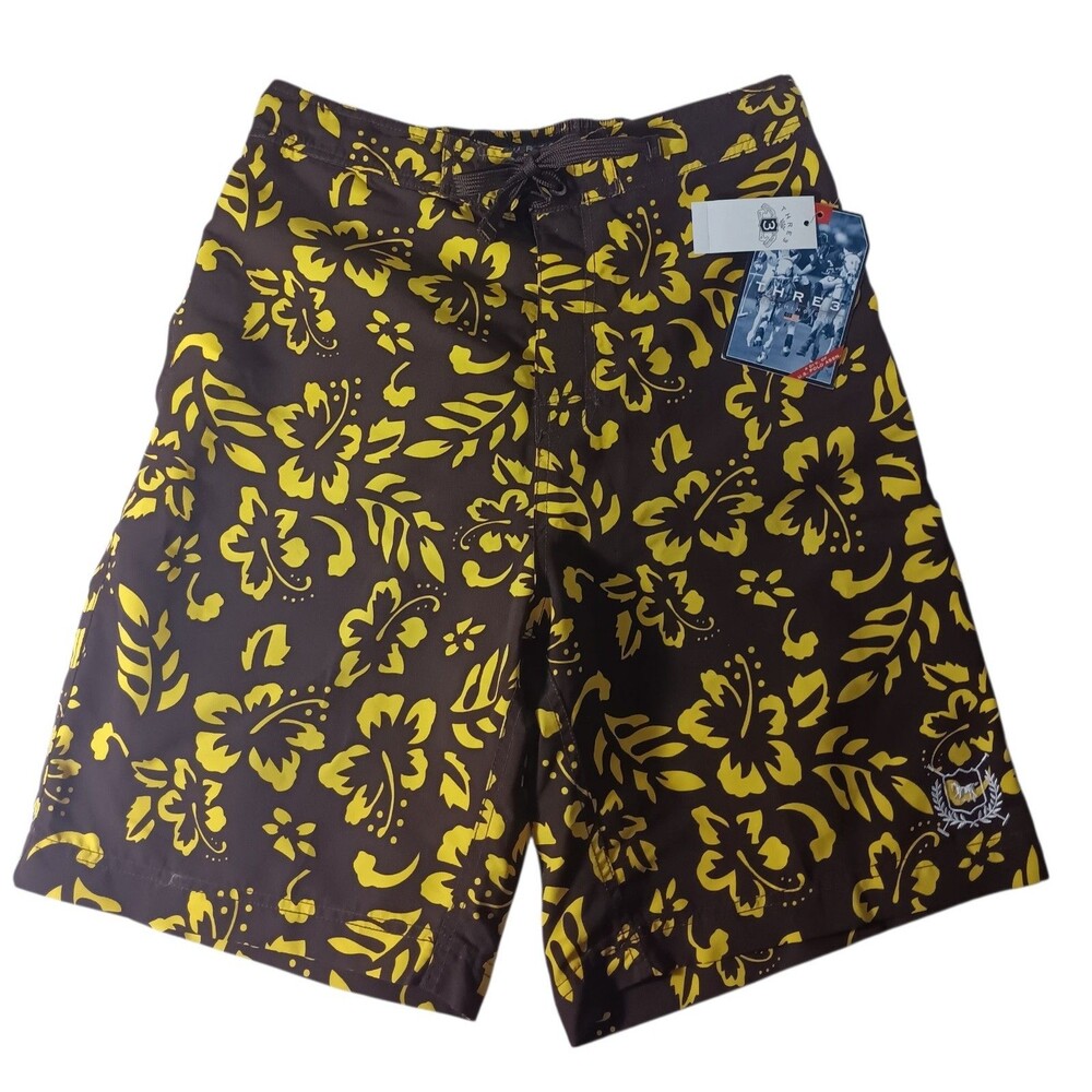 Vintage Thre3 Brown Floral Bathing Suit Swim Trunks Board Shorts M